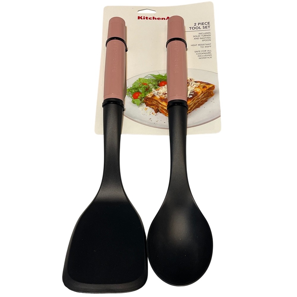 KitchenAid Pink 2 Piece Tool Set Solid Turner Basting Spoon Dried RoseKQ361OHDRA